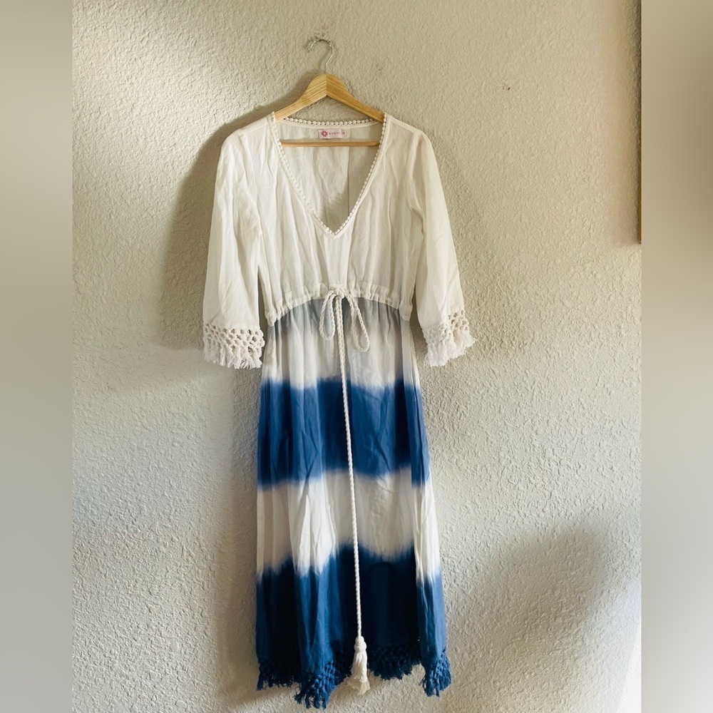 Boho Tie-Dye Midi Dress with Crochet Trim - White & Blue